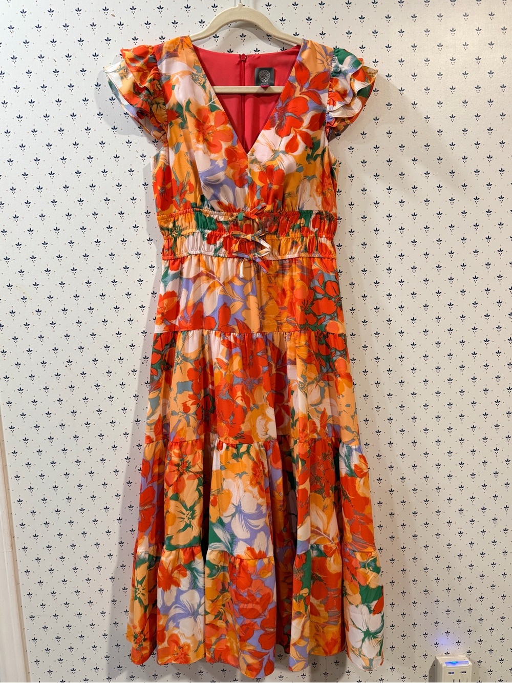 Vince Camuto Coral Floral Flutter Sleeve Midi Dress - Size 6